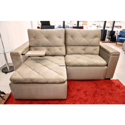 Estofado Barcelona 2.3 m com chaise retrátil + encosto reclinável e baú com mesa para Notebook