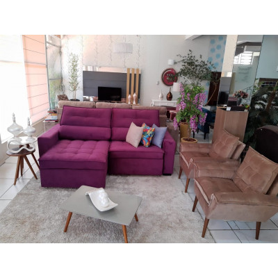 Estofado Atlanta 2 .3 m com chaise retrátil + encosto reclinável + pillow bella quadrado de espuma siliconada e fibra