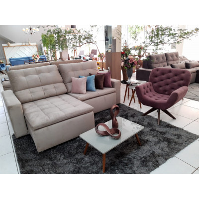 Estofado Barcelona 2 .5 m com chaise retrátil + encosto reclinável + pillow de espuma siliconada e fibra