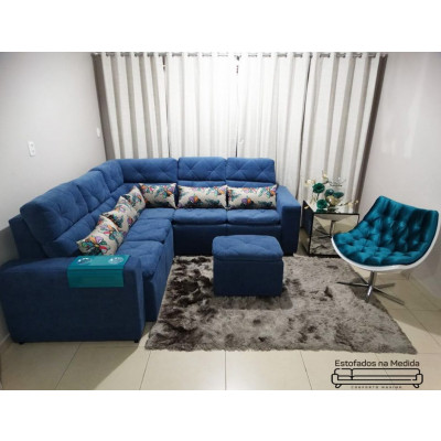 Estofado Barcelona canto + chaise retrátil e encosto reclinável + pillow de silicone com fibra